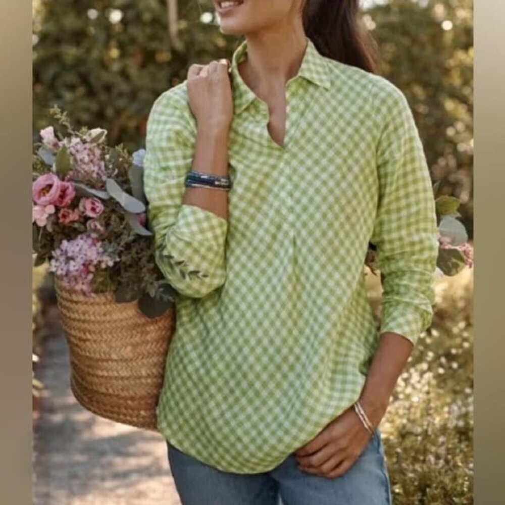 J Jill Love Linen Green White Gingham Popover Blouse Size Med